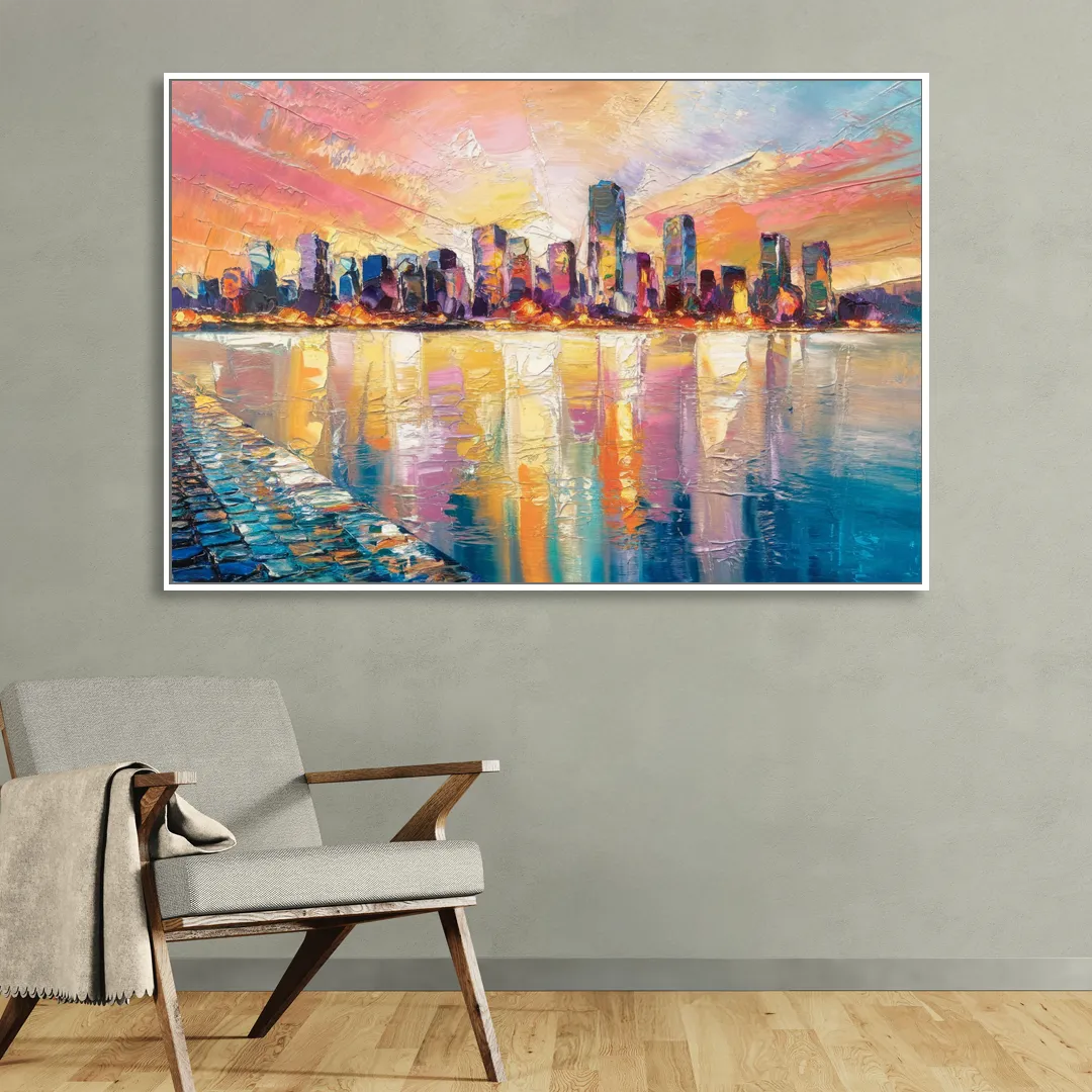 Boston Harbor Sunrise Living Room - White Canvas Wall Art
