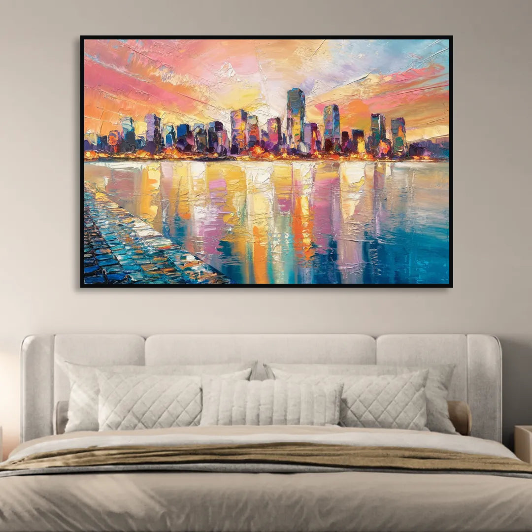 Boston Harbor Sunrise Living Room - Black Canvas Wall Art