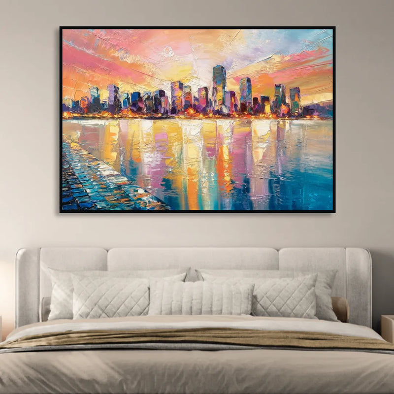 Boston Harbor Sunrise Living Room - Black Canvas Wall Art