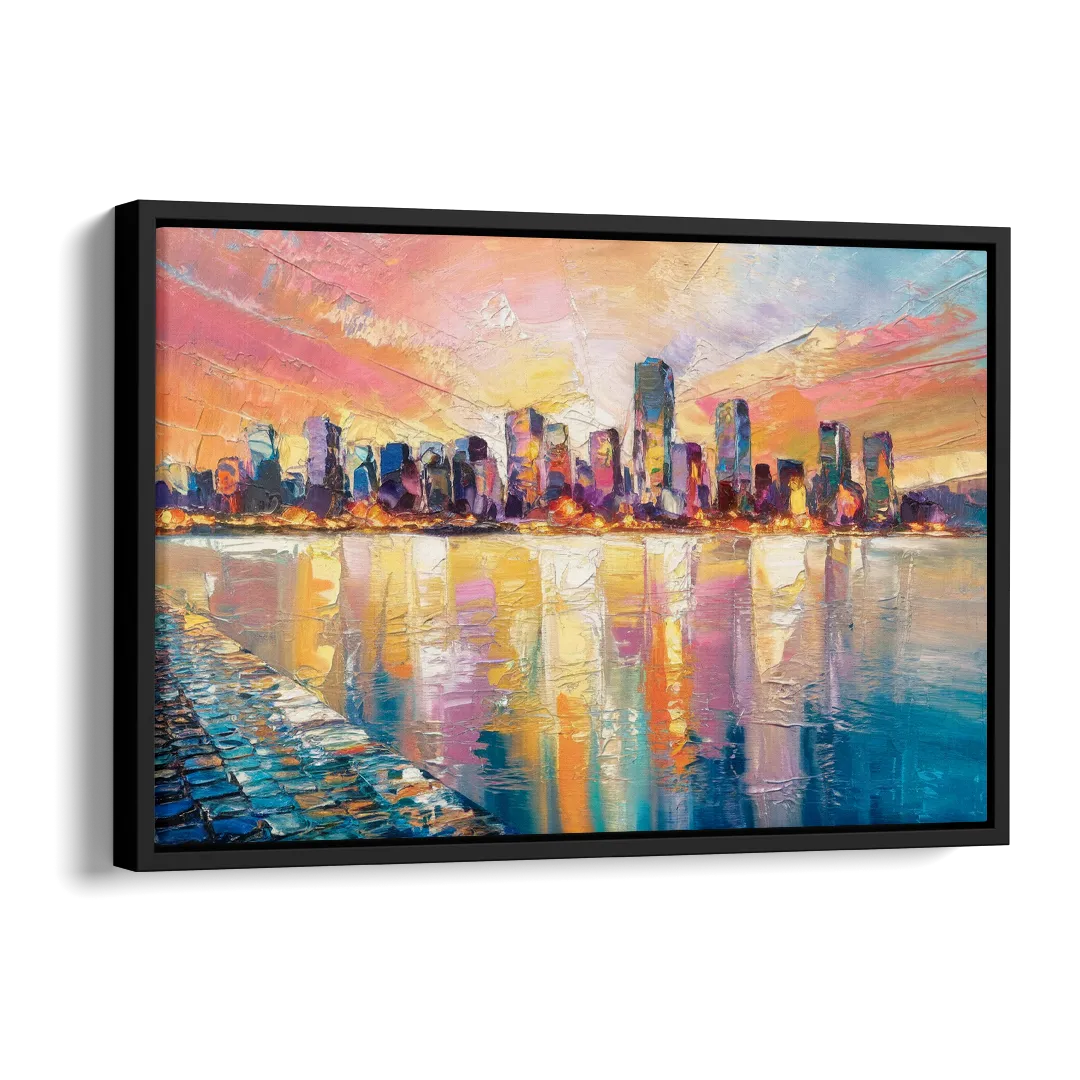 Boston Harbor Sunrise Side - Black Canvas Wall Art