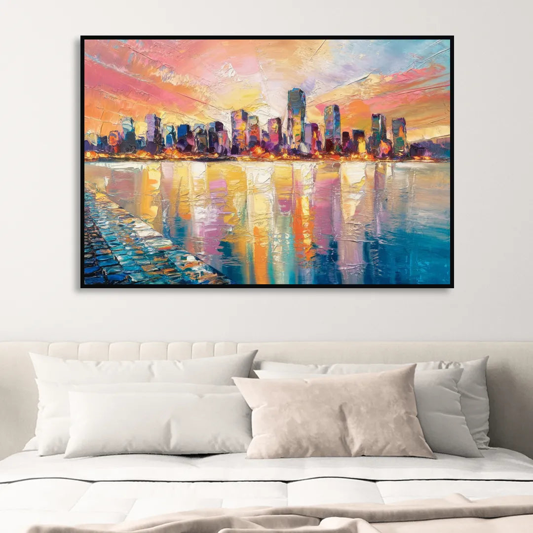Boston Harbor Sunrise Sitting Room - Black Canvas Wall Art