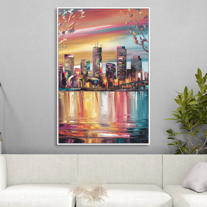 Boston Iconic Skyline Silhouette Living Room - White Canvas Wall Art