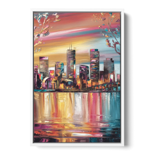 Boston Iconic Skyline Silhouette - White Framed Canvas Wall Art - Front