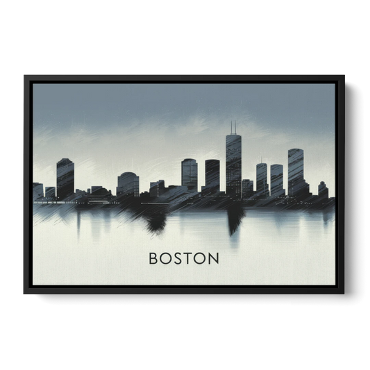 Boston Skyline In Fog - Black Framed Canvas Wall Art - Front