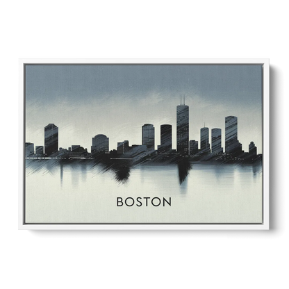 Boston Skyline In Fog Front - White Canvas Wall Art