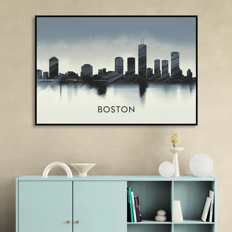 Boston Skyline In Fog Living Room - Black Canvas Wall Art