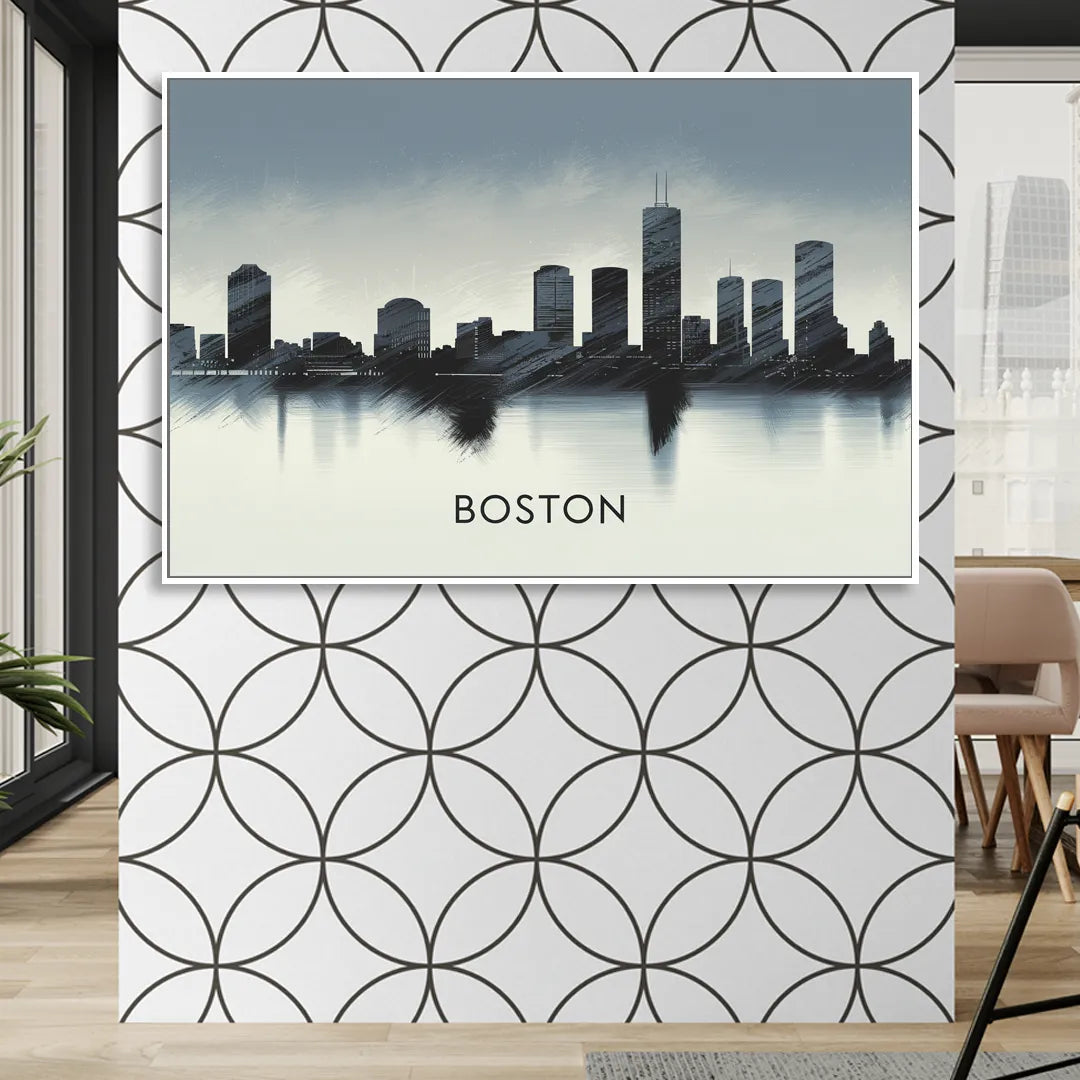 Boston Skyline In Fog Living Room - White Canvas Wall Art