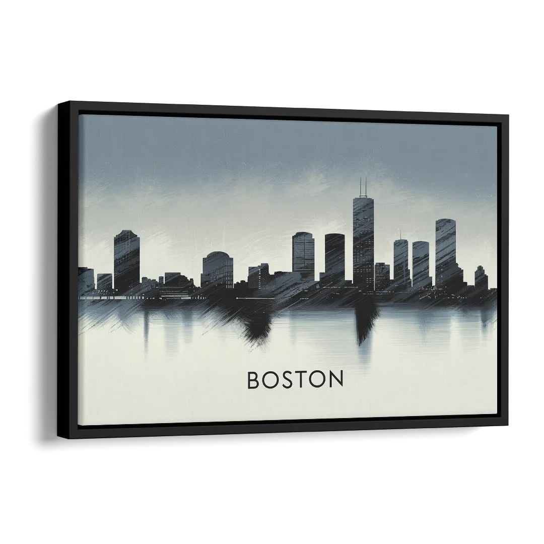 Boston Skyline In Fog Side - Black Canvas Wall Art