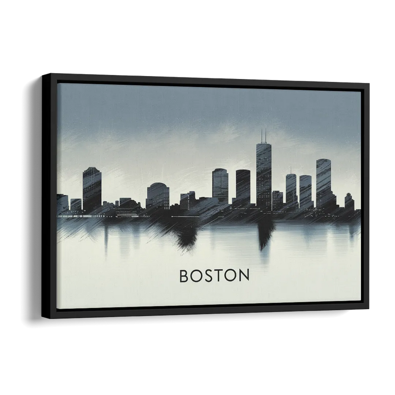 Boston Skyline In Fog Side - Black Canvas Wall Art