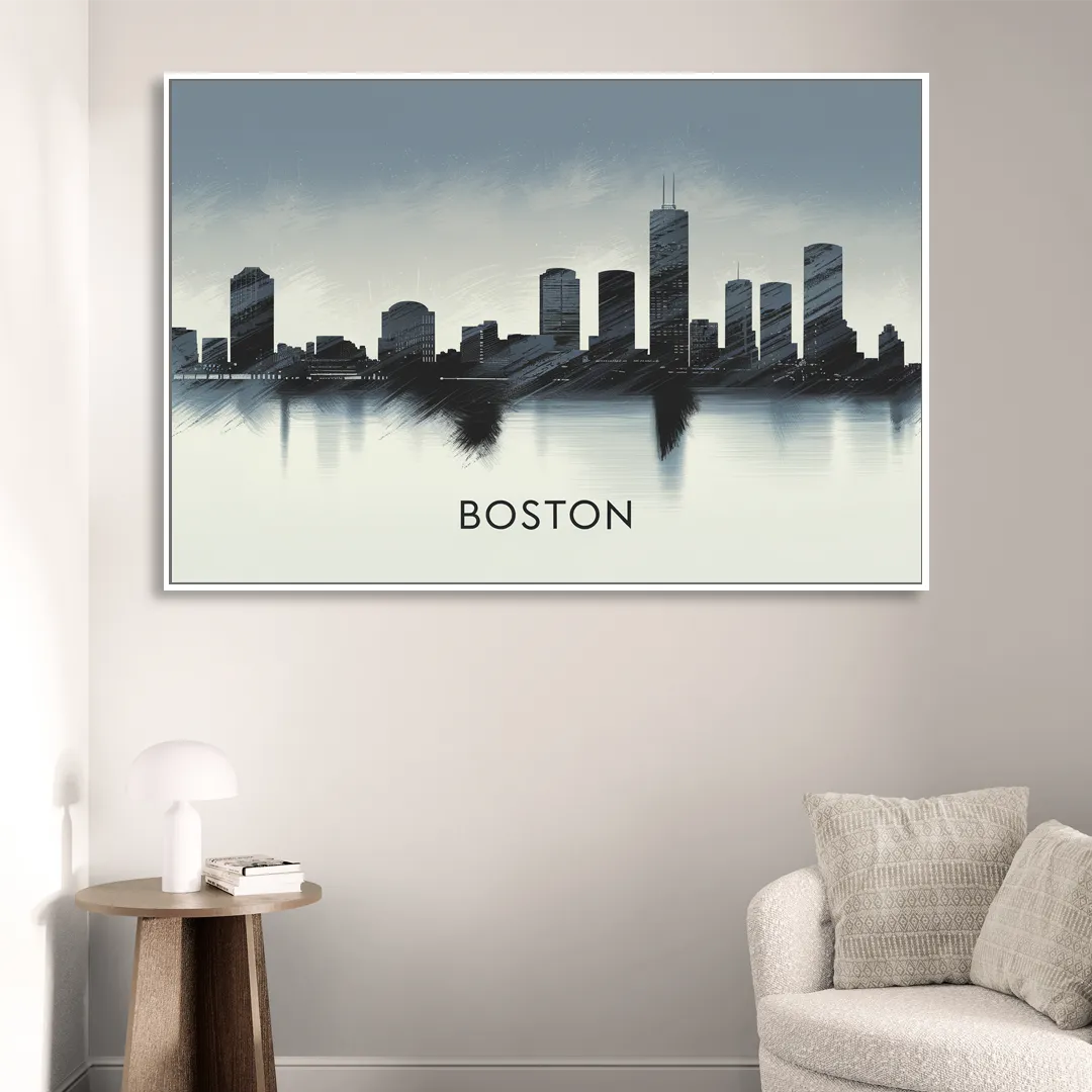 Boston Skyline In Fog Sitting Room - White Canvas Wall Art