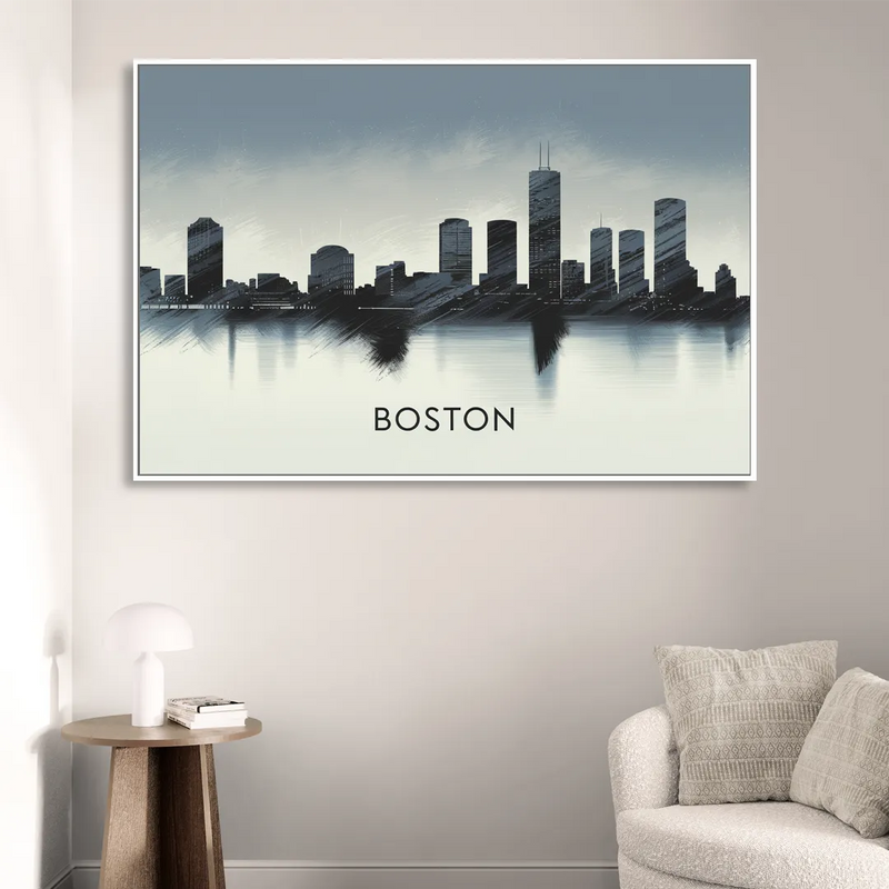 Boston Skyline In Fog Sitting Room - White Canvas Wall Art
