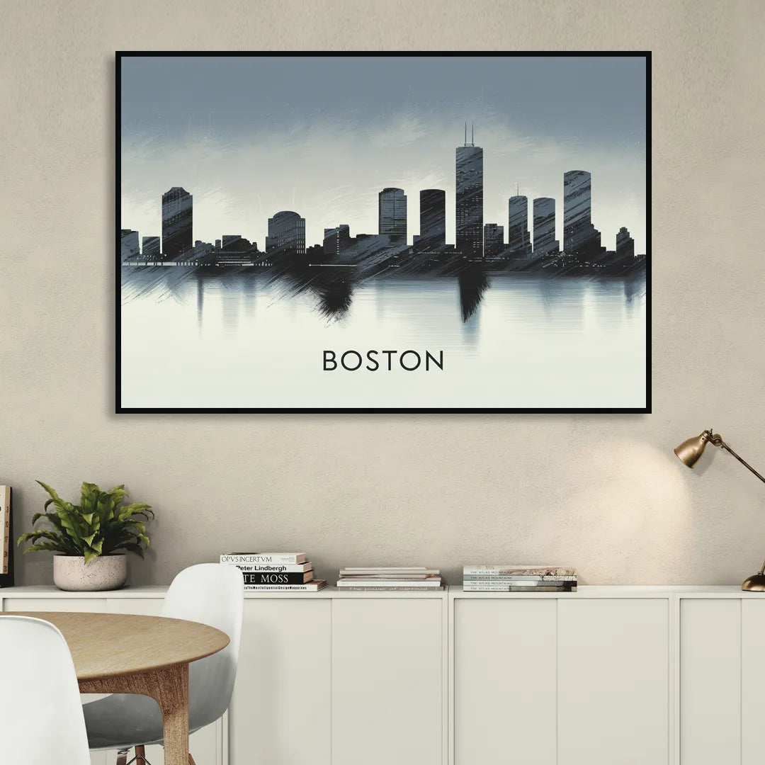 Boston Skyline In Fog Sitting Room - Black Canvas Wall Art