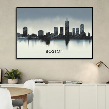 Boston Skyline In Fog Sitting Room - Black Canvas Wall Art