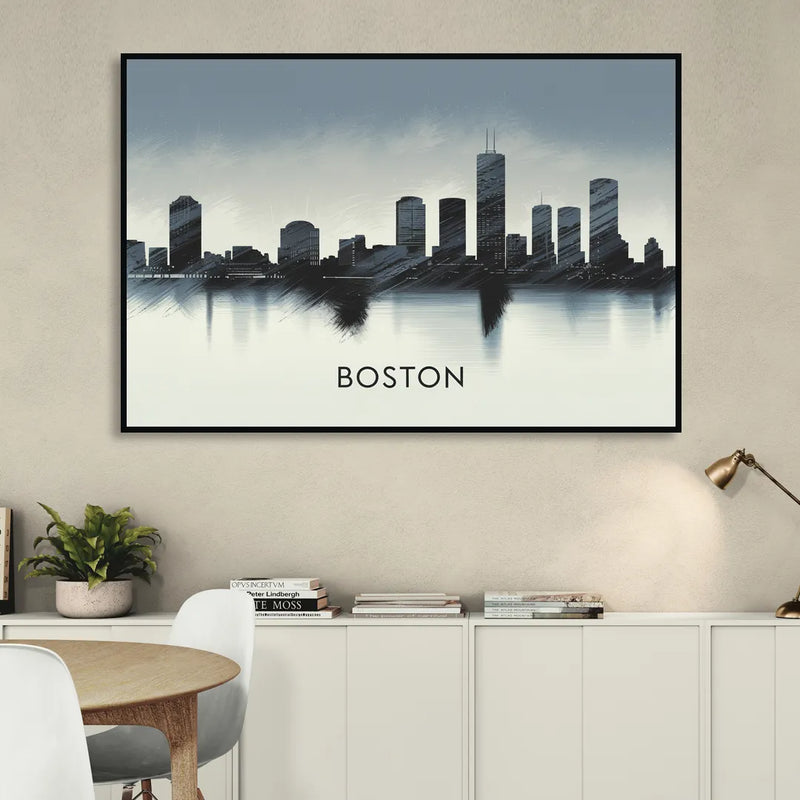 Boston Skyline In Fog Sitting Room - Black Canvas Wall Art