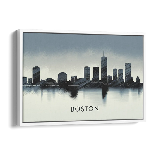 Boston Skyline In Fog Side - White Canvas Wall Art