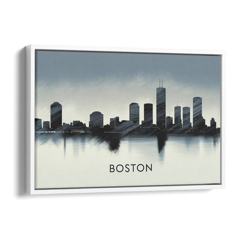 Boston Skyline In Fog Side - White Canvas Wall Art