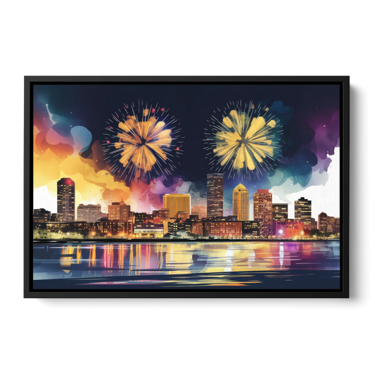 Boston Skyline With Fireworks - Black Framed Canvas Wall Art - Front
