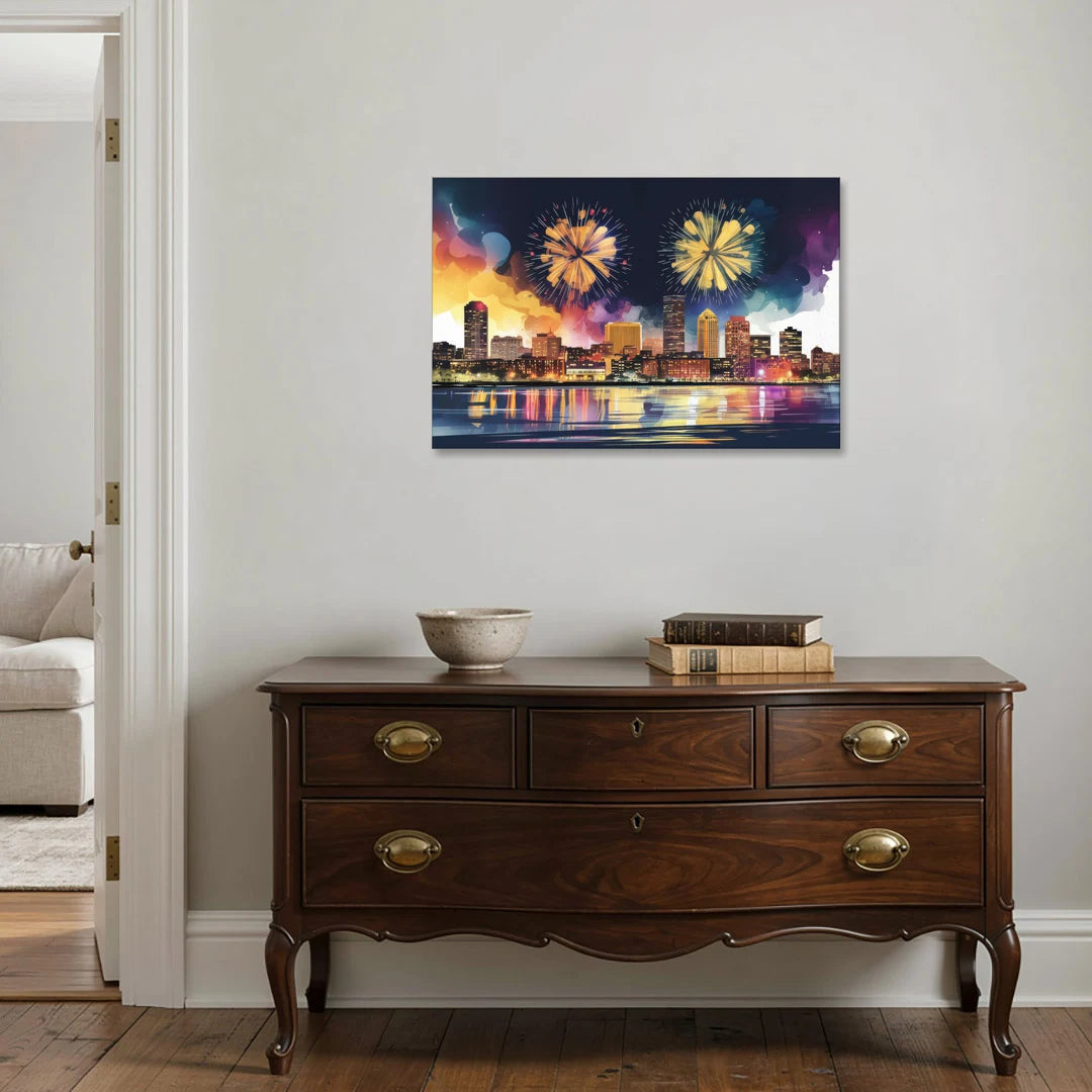Boston Skyline With Fireworks - Canvas Wall Art - Coffee Table - 36x24