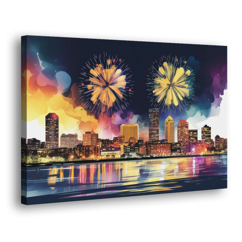 Boston Skyline With Fireworks - Canvas Wall Art - Side