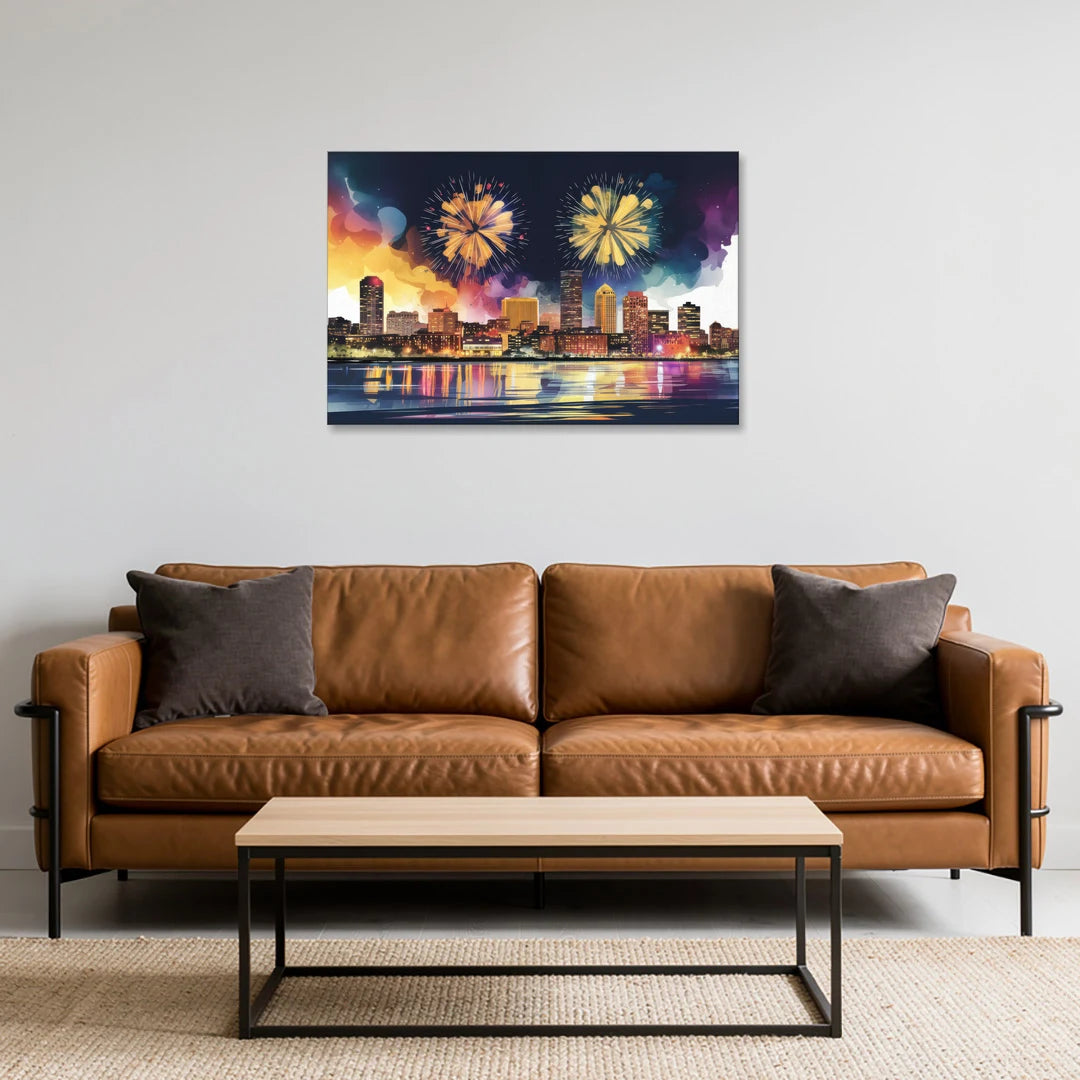 Boston Skyline With Fireworks - Canvas Wall Art - Sofa - 36x24