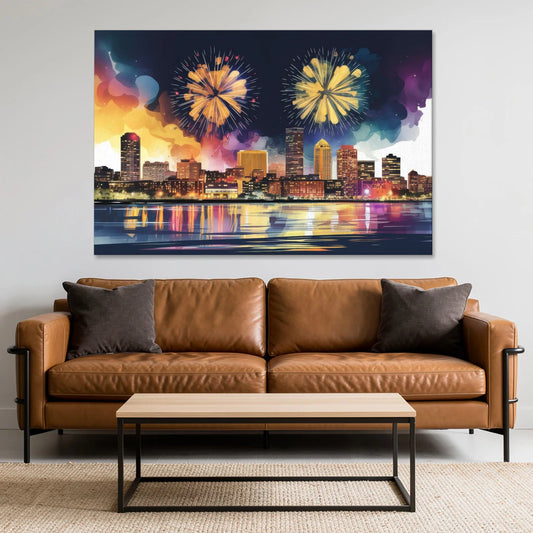 Boston Skyline With Fireworks - Canvas Wall Art - Sofa - 60x40