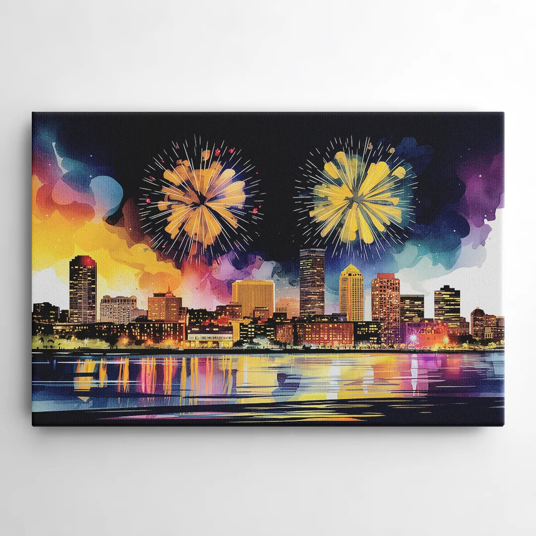 Boston Skyline With Fireworks - Canvas Wall Art
