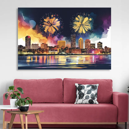 Boston Skyline With Fireworks Sitting Room - Canvas Wall Art
