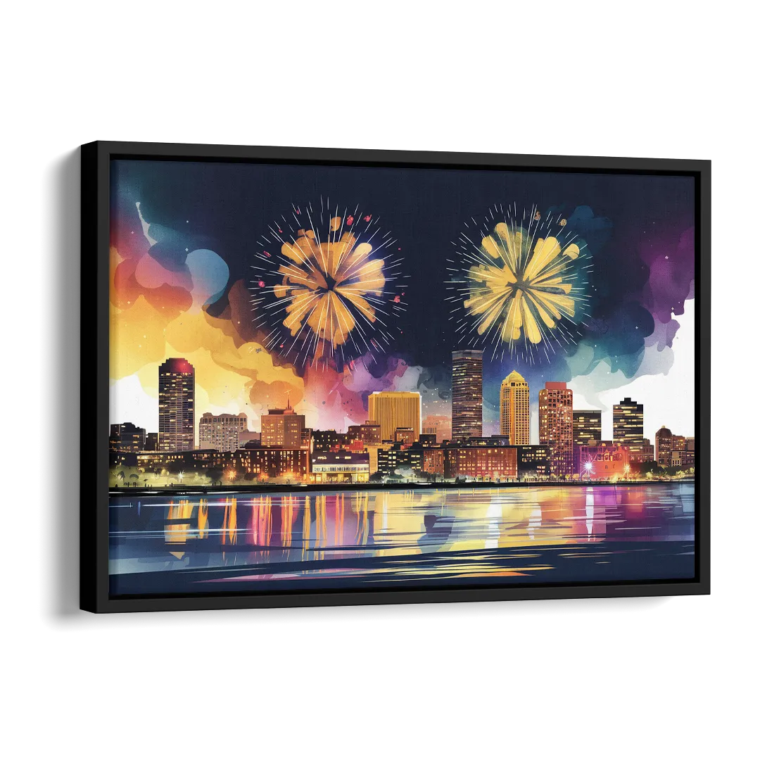 Boston Skyline With Fireworks Side - Black Canvas Wall Art