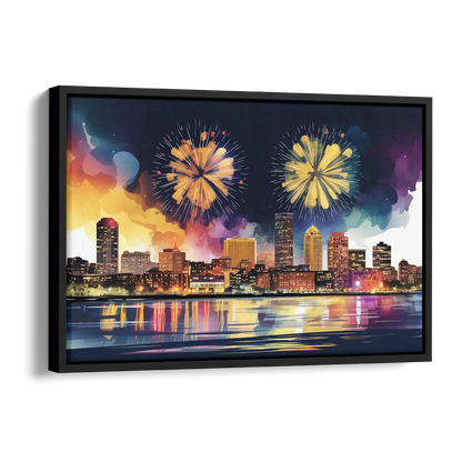 Boston Skyline With Fireworks Side - Black Canvas Wall Art