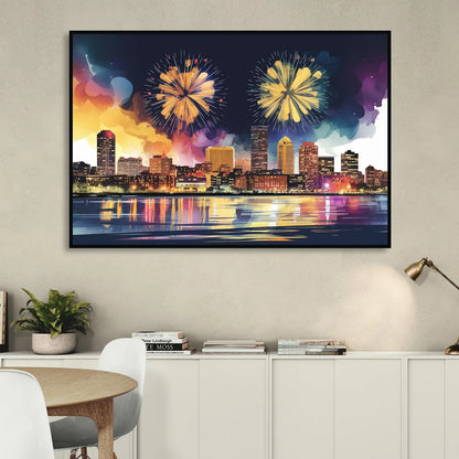 Boston Skyline With Fireworks Living Room - Black Canvas Wall Art