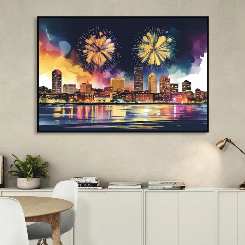 Boston Skyline With Fireworks Living Room - Black Canvas Wall Art