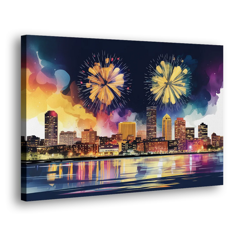 Boston Skyline With Fireworks - Canvas Wall Art