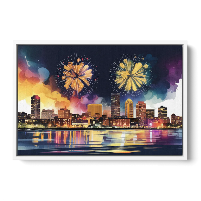 Boston Skyline With Fireworks Front - White Canvas Wall Art