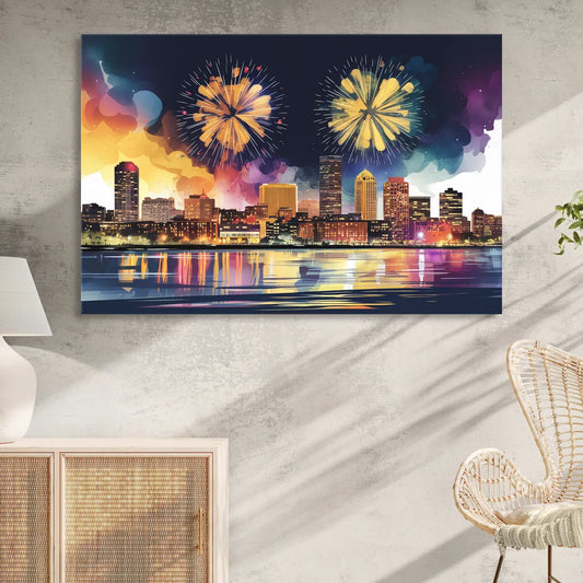 Boston Skyline With Fireworks Living Room - Canvas Wall Art