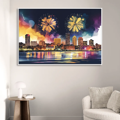 Boston Skyline With Fireworks Living Room - White Canvas Wall Art