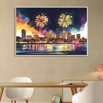 Boston Skyline With Fireworks Sitting Room - White Canvas Wall Art