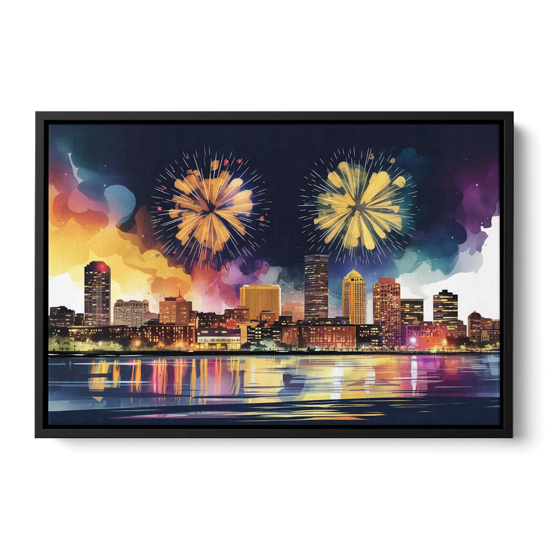 Boston Skyline With Fireworks Front - Black Canvas Wall Art