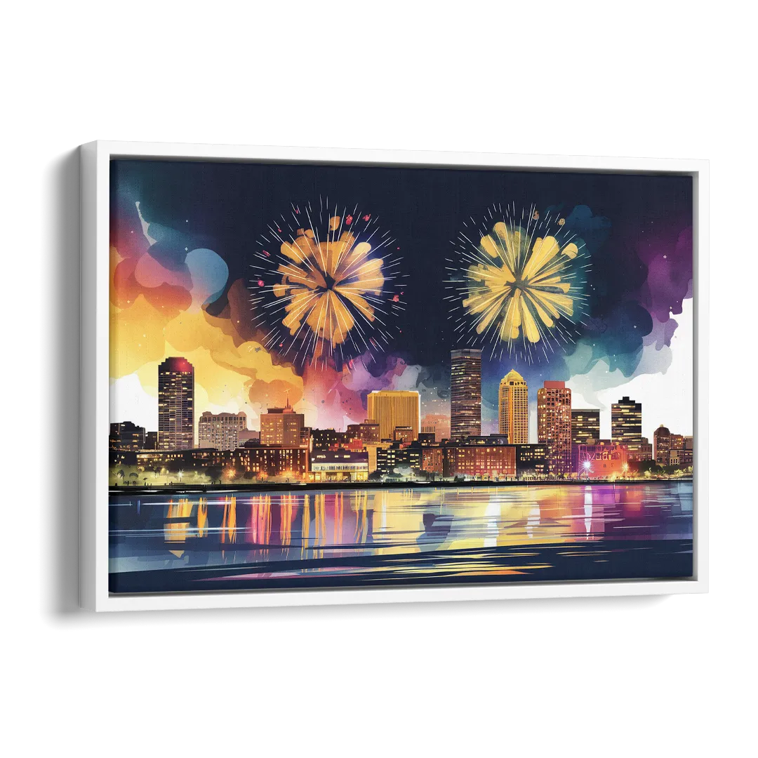 Boston Skyline With Fireworks Side - White Canvas Wall Art
