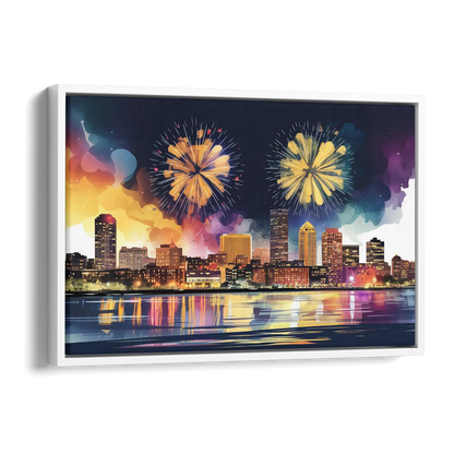 Boston Skyline With Fireworks Side - White Canvas Wall Art