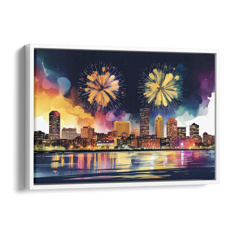Boston Skyline With Fireworks Side - White Canvas Wall Art