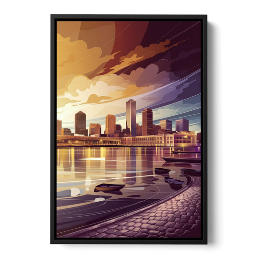 Boston Skyline at Sunset - Black Framed Canvas Wall Art - Front