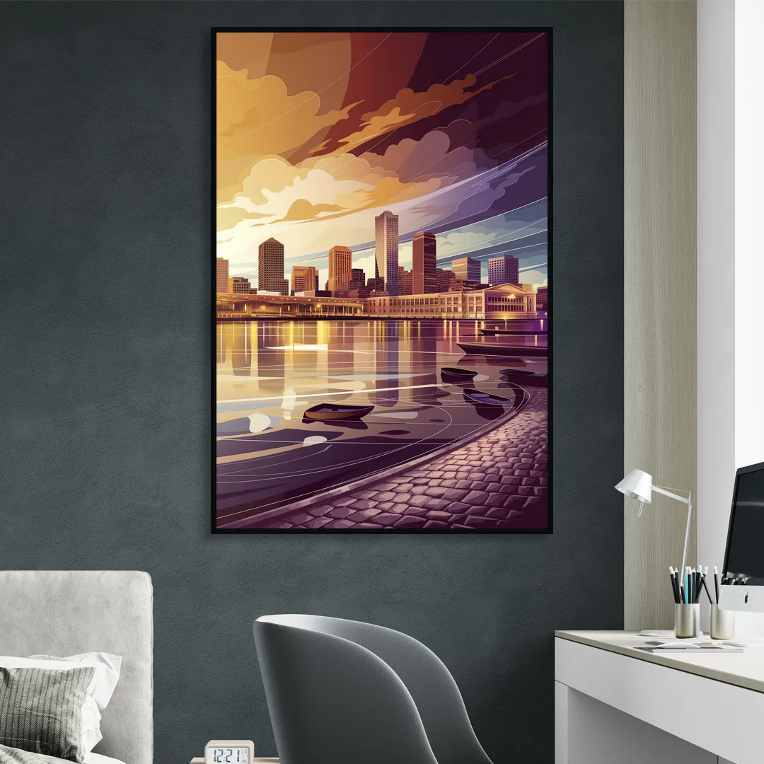 Boston Skyline at Sunset Living Room - Black Canvas Wall Art