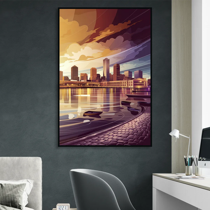Boston Skyline at Sunset Living Room - Black Canvas Wall Art