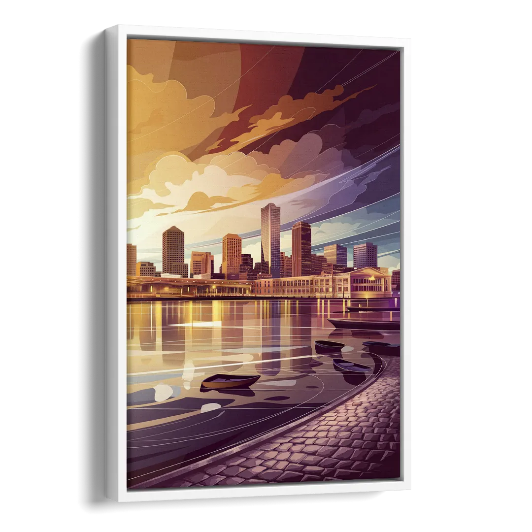 Boston Skyline at Sunset Side - White Canvas Wall Art