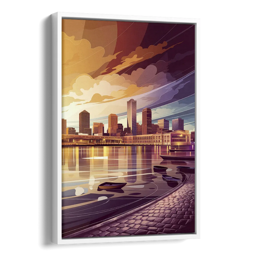 Boston Skyline at Sunset Side - White Canvas Wall Art