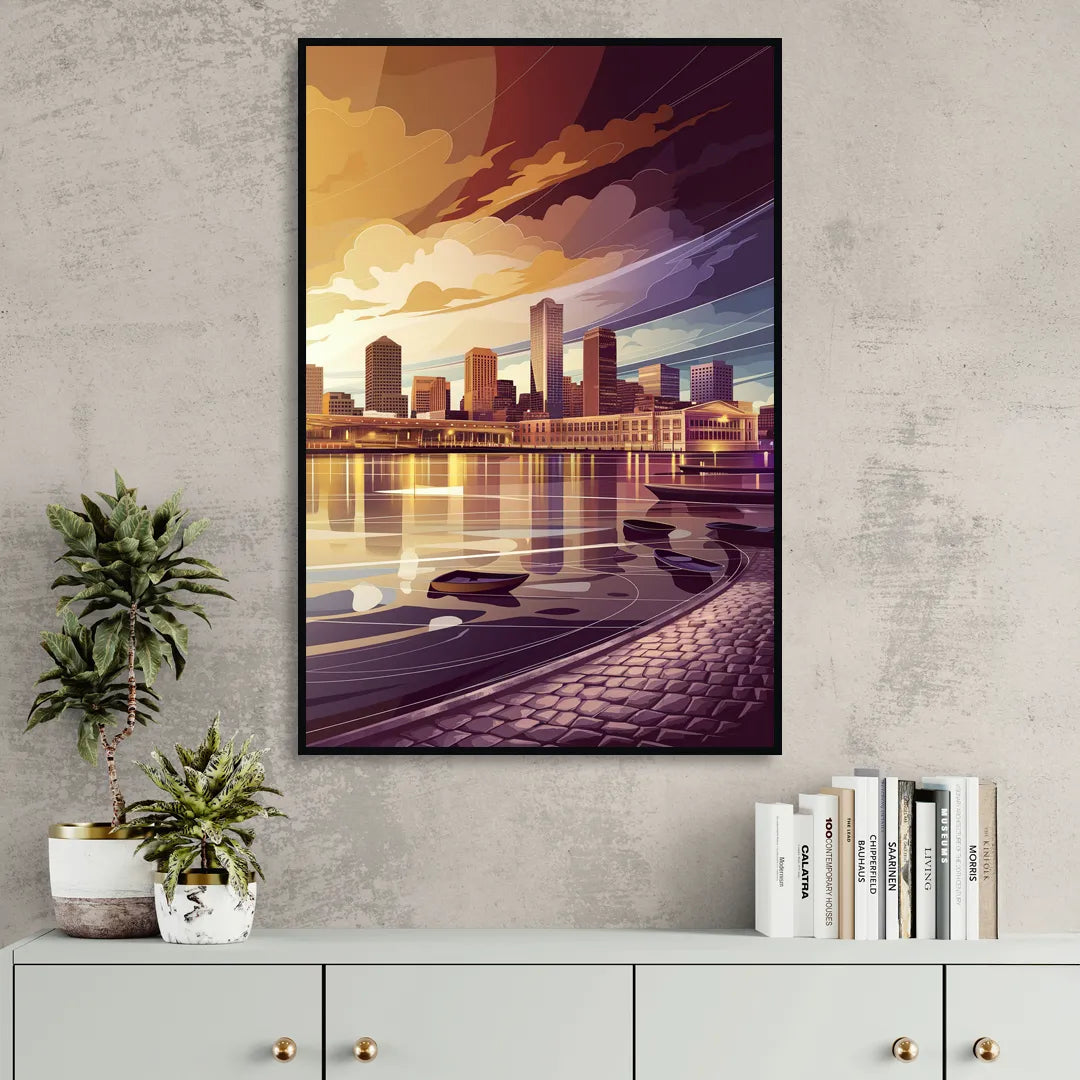 Boston Skyline at Sunset Sitting Room - Black Canvas Wall Art