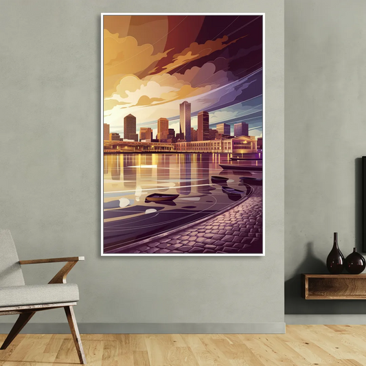 Boston Skyline at Sunset Living Room - White Canvas Wall Art
