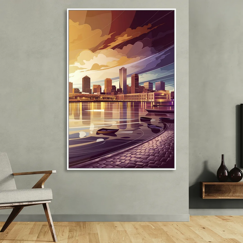Boston Skyline at Sunset Living Room - White Canvas Wall Art