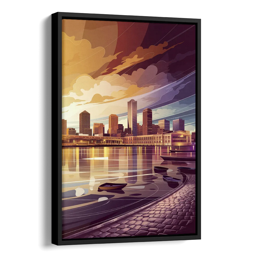 Boston Skyline at Sunset Side - Black Canvas Wall Art