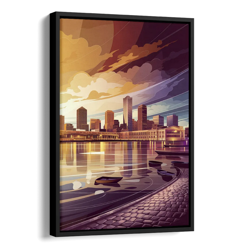 Boston Skyline at Sunset Side - Black Canvas Wall Art
